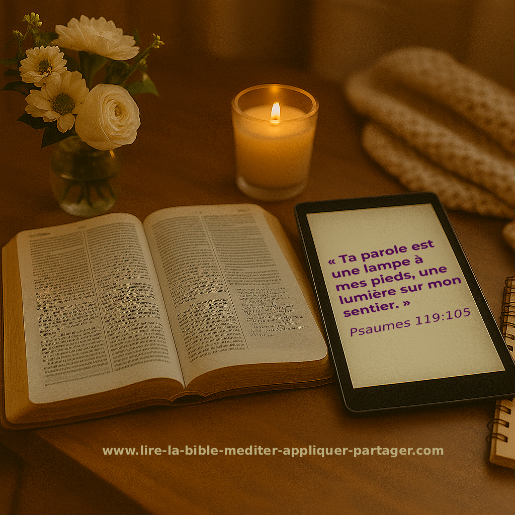 Bible ouverte avec une tablette affichant le verset Psaumes 119:105 : Ta parole est une lampe à mes pieds, une lumière sur mon sentier.